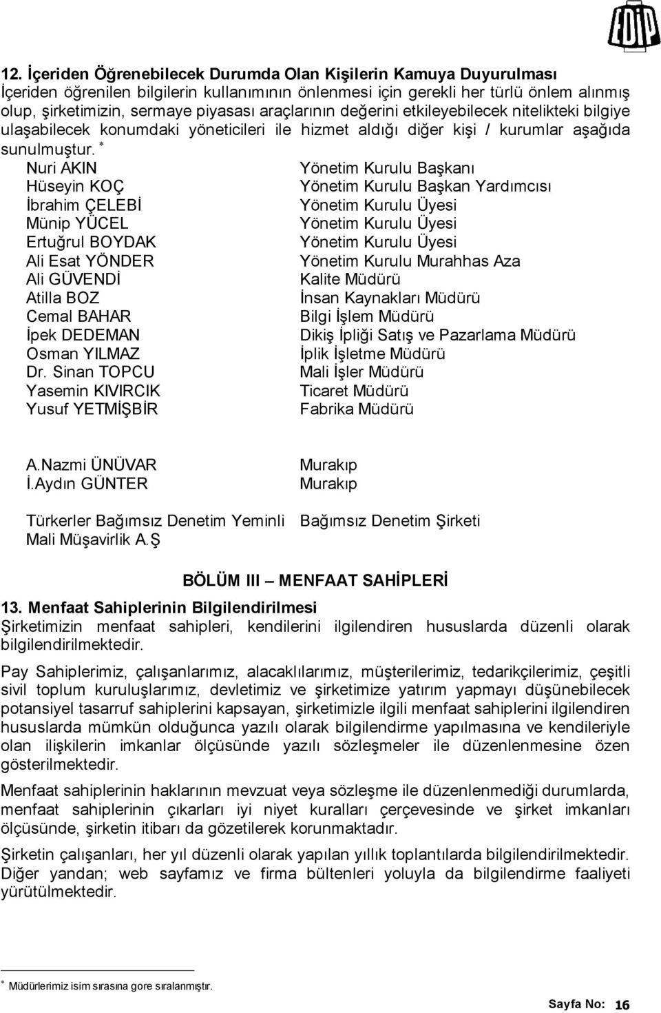 Nuri AKIN Yönetim Kurulu Başkanı Hüseyin KOÇ Yönetim Kurulu Başkan Yardımcısı Đbrahim ÇELEBĐ Yönetim Kurulu Üyesi Münip YÜCEL Yönetim Kurulu Üyesi Ertuğrul BOYDAK Yönetim Kurulu Üyesi Ali Esat YÖNDER