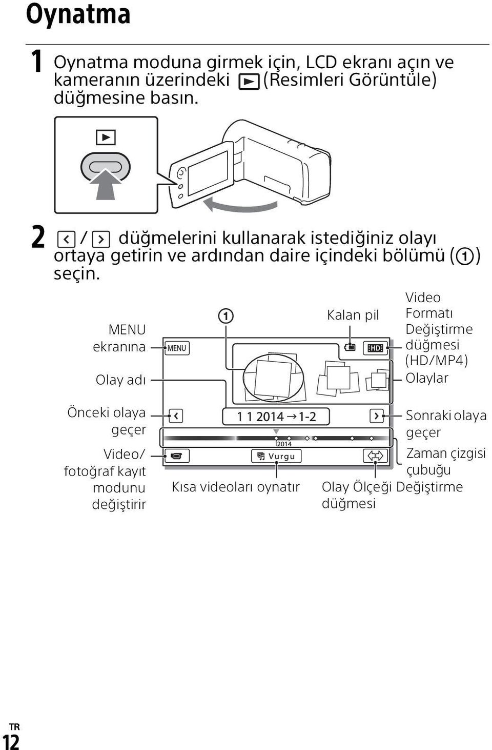 MENU ekranına Olay adı Kalan pil Video Formatı Değiştirme düğmesi (HD/MP4) Olaylar Önceki olaya geçer Video/