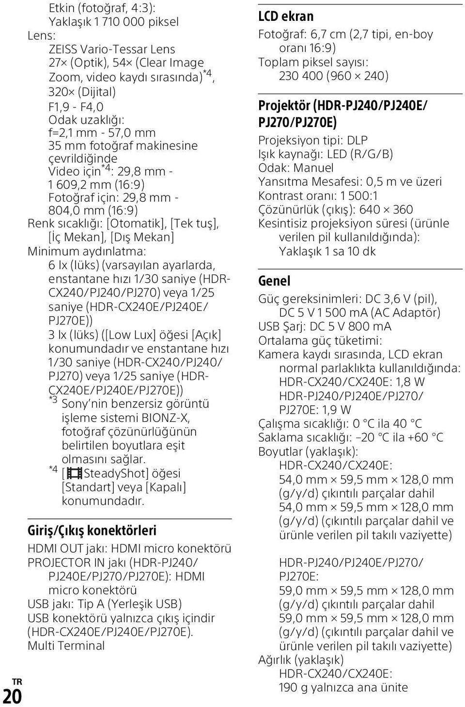 aydınlatma: 6 lx (lüks) (varsayılan ayarlarda, enstantane hızı 1/30 saniye (HDR- CX240/PJ240/PJ270) veya 1/25 saniye (HDR-CX240E/PJ240E/ PJ270E)) 3 lx (lüks) ([Low Lux] öğesi [Açık] konumundadır ve