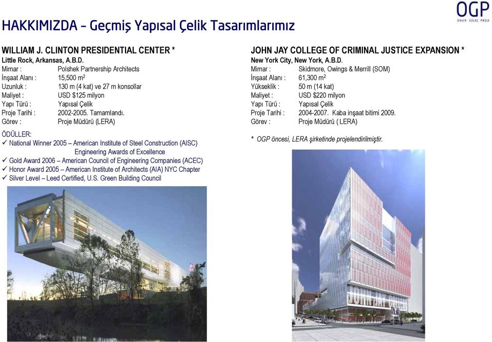 Görev : Proje Müdürü (LERA) ÖDÜLLER: National Winner 2005 American Institute of Steel Construction (AISC) Engineering Awards of Excellence Gold Award 2006 American Council of Engineering Companies