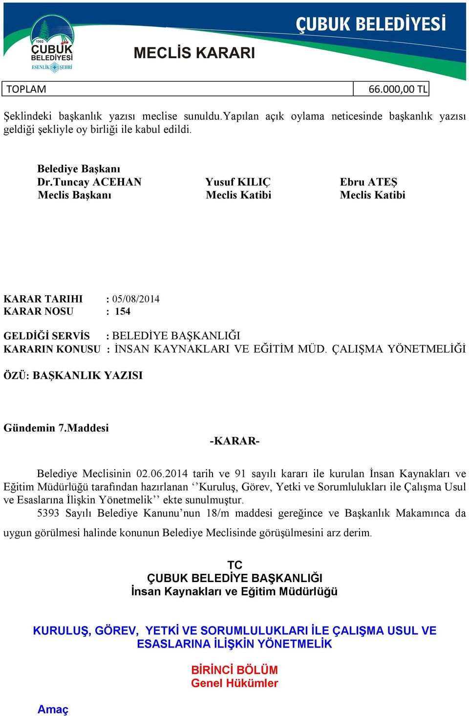 EĞİTİM MÜD. ÇALIŞMA YÖNETMELİĞİ ÖZÜ: BAŞKANLIK YAZISI Gündemin 7.Maddesi -KARAR- Belediye Meclisinin 02.06.