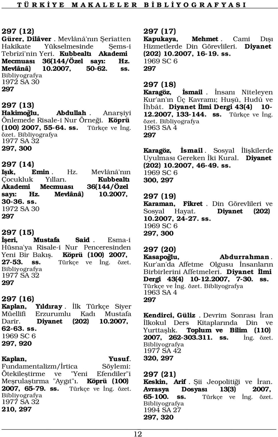 Anarfliyi Önlemede Risale-i Nur Örne i. Köprü (100) 2007, 55-64. ss. Türkçe ve ng. özet. Kur'an' n Üç Kavram ; Huflû, Hudû ve hbât. Diyanet lmi Dergi 43(4) 10-12.2007, 133-144. ss. Türkçe ve ng. özet. 1963 SA 4 297 1977 SA 32 297, 300 Karagöz, smail.