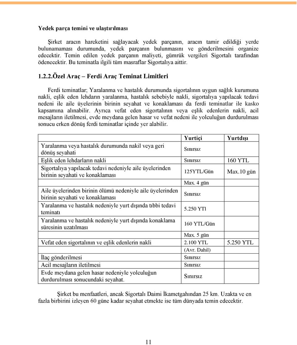 2.Özel Araç Ferdi Araç Teminat Limitleri Ferdi teminatlar; Yaralanma ve hastalık durumunda sigortalının uygun sağlık kurumuna nakli, eģlik eden lehdarın yaralanma, hastalık sebebiyle nakli,