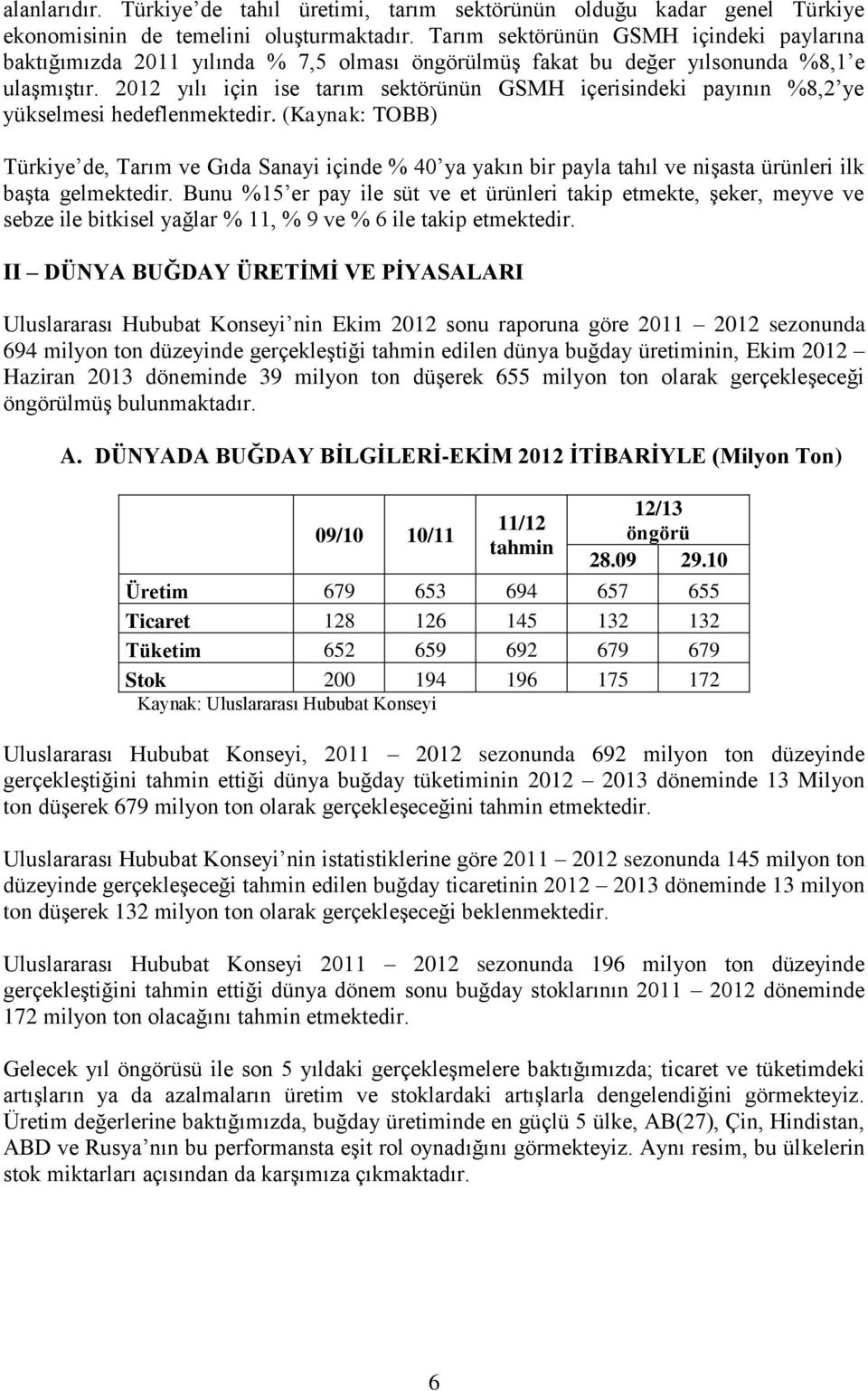 2012 yılı için ise tarım sektörünün GSMH içerisindeki payının %8,2 ye yükselmesi hedeflenmektedir.