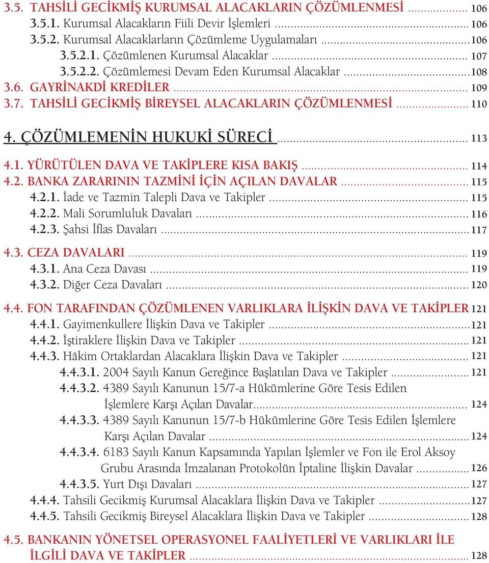 .. 114 4.2. BANKA ZARARININ TAZM N Ç N AÇILAN DAVALAR... 115 4.2.1. ade ve Tazmin Talepli Dava ve Takipler... 115 4.2.2. Mali Sorumluluk Davalar... 116 4.2.3. fiahsi flas Davalar... 117 4.3. CEZA DAVALARI.