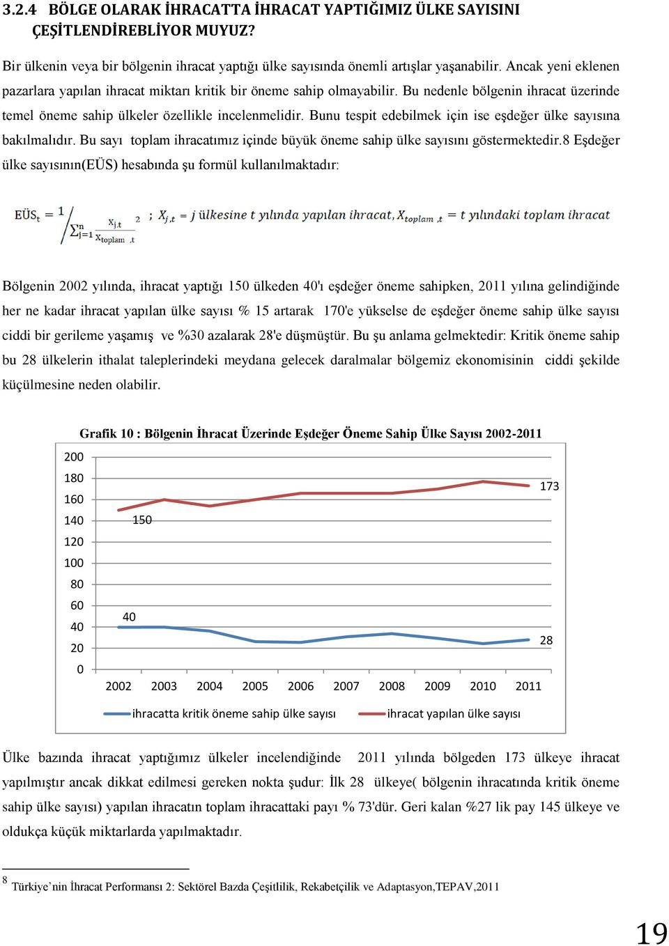 Bunu tespit edebilmek için ise eşdeğer ülke sayısına bakılmalıdır. Bu sayı toplam ihracatımız içinde büyük öneme sahip ülke sayısını göstermektedir.