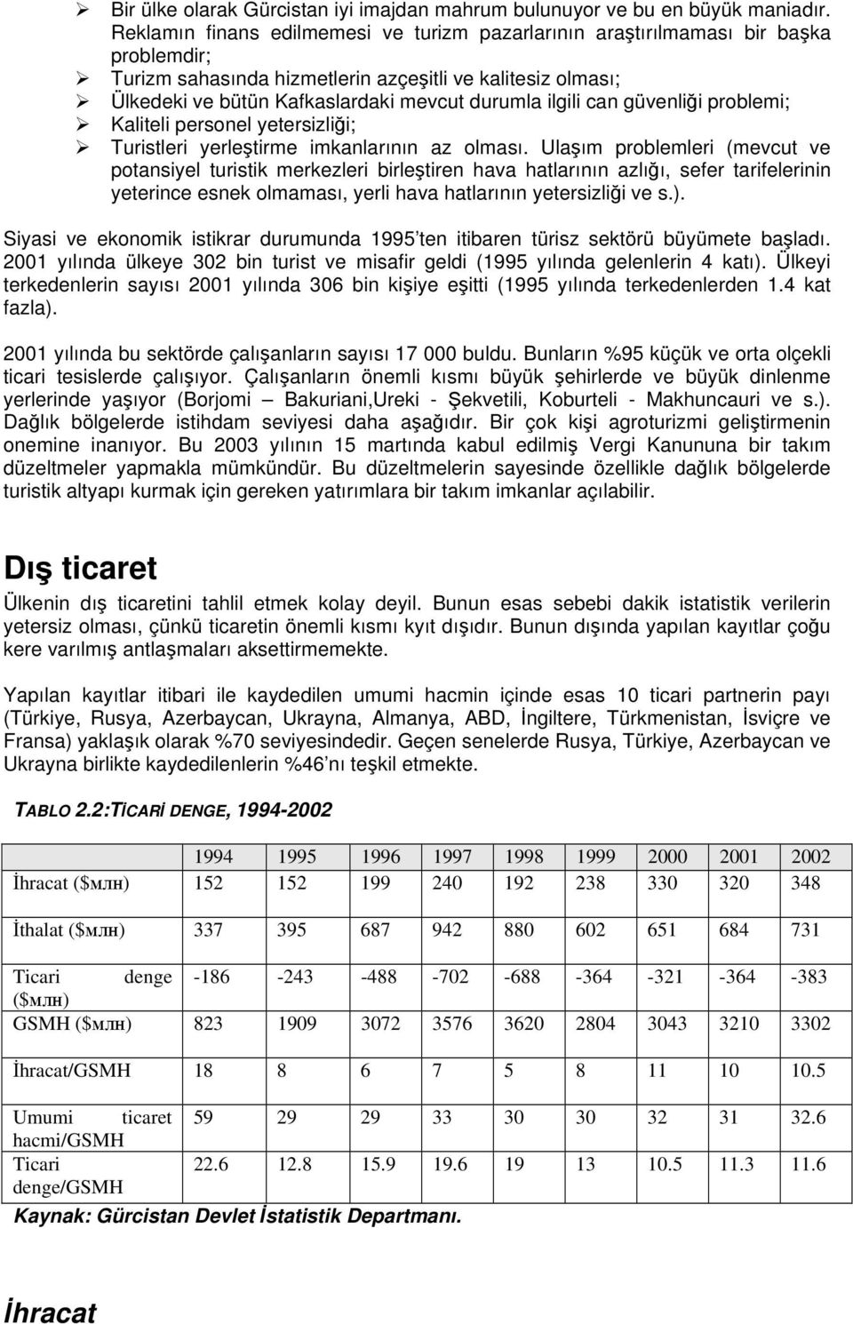 ilgili can güvenliği problemi; Kaliteli personel yetersizliği; Turistleri yerleştirme imkanlarının az olması.