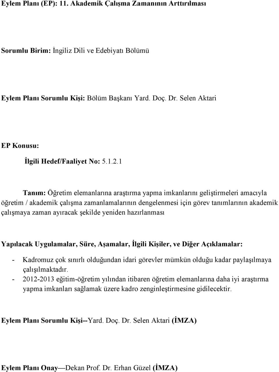 görev tanımlarının akademik çalışmaya zaman ayıracak şekilde yeniden hazırlanması - Kadromuz çok sınırlı olduğundan idari görevler mümkün