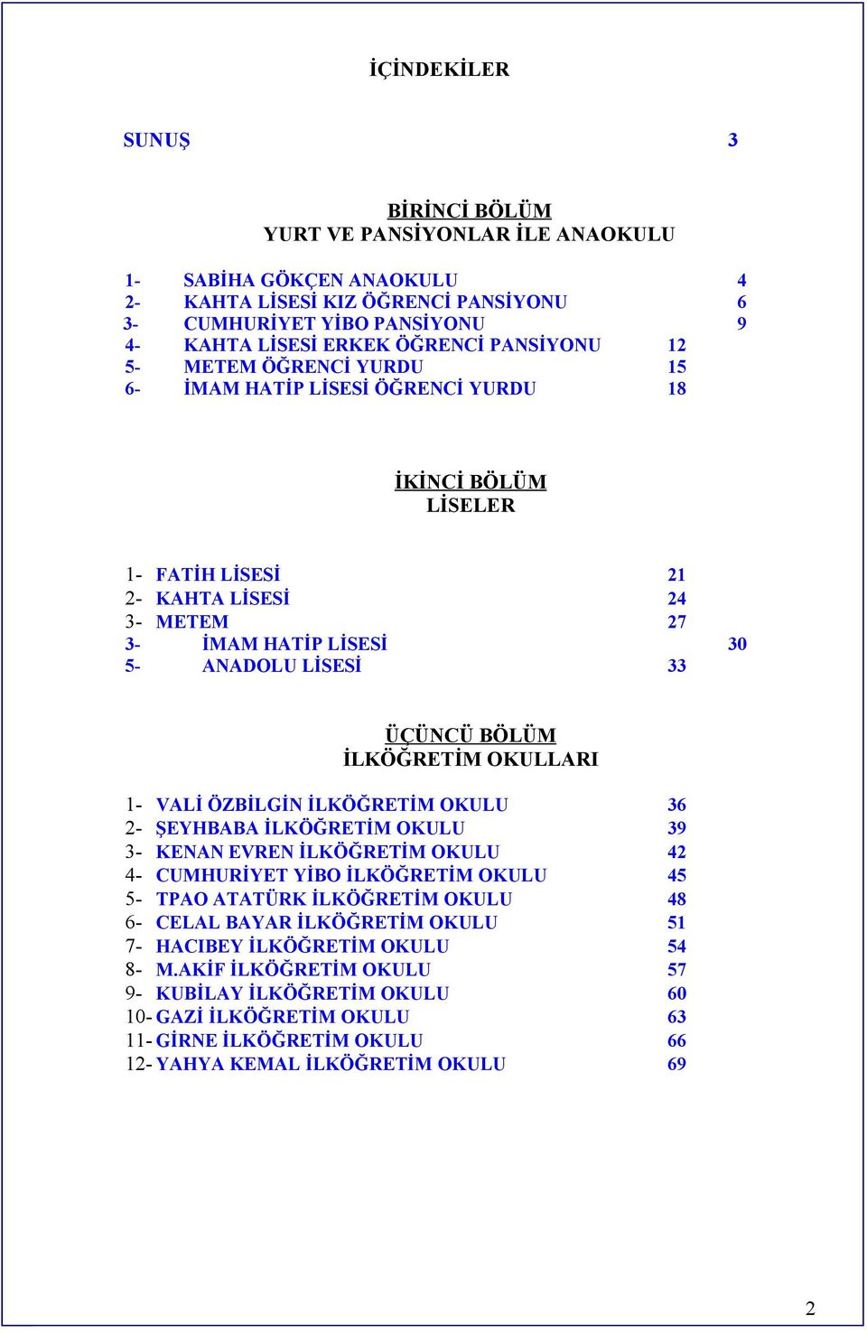 İLKÖĞRETİM OKULLARI 1 VALİ ÖZBİLGİN İLKÖĞRETİM OKULU 2 ŞEYHBABA İLKÖĞRETİM OKULU 3 KENAN EVREN İLKÖĞRETİM OKULU 4 CUMHURİYET YİBO İLKÖĞRETİM OKULU 5 TPAO ATATÜRK İLKÖĞRETİM OKULU 6 CELAL BAYAR