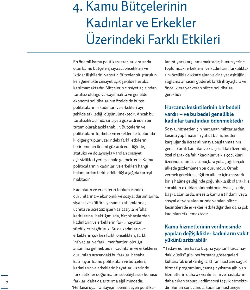 Bütçelerin cinsiyet açısından tarafsız olduğu varsayılmakta ve genelde ekonomi politikalarının özelde de bütçe politikalarının kadınları ve erkekleri aynı şekilde etkilediği düşünülmektedir.