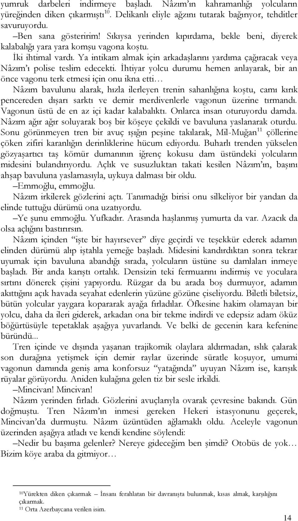 İhtiyar yolcu durumu hemen anlayarak, bir an önce vagonu terk etmesi için onu ikna etti Nâzım bavulunu alarak, hızla ilerleyen trenin sahanlığına koştu, camı kırık pencereden dışarı sarktı ve demir