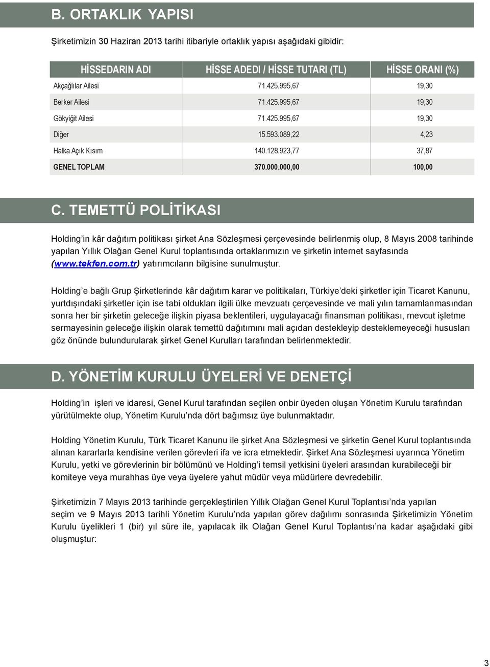 TEMETTÜ POLİTİKASI Holding in kâr dağıtım politikası şirket Ana Sözleşmesi çerçevesinde belirlenmiş olup, 8 Mayıs 2008 tarihinde yapılan Yıllık Olağan Genel Kurul toplantısında ortaklarımızın ve