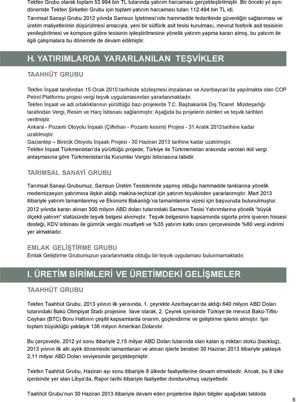 fosforik asit tesisinin yenileştirilmesi ve kompoze gübre tesisinin iyileştirilmesine yönelik yatırım yapma kararı almış, bu yatırım ile ilgili çalışmalara bu dönemde de devam edilmiştir. H.