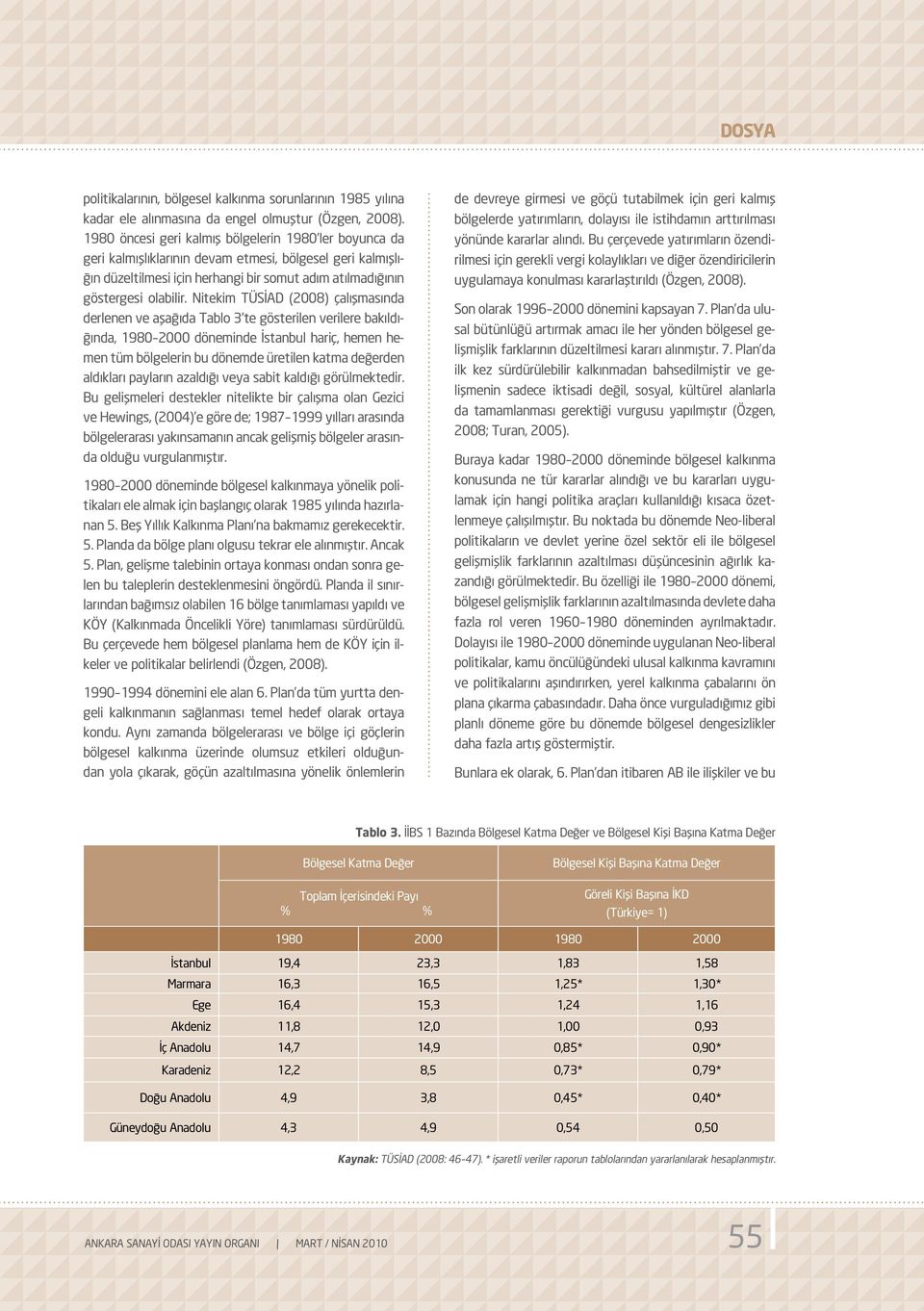 Nitekim TÜSİAD (2008) çalışmasında derlenen ve aşağıda Tablo 3 te gösterilen verilere bakıldığında, 1980 2000 döneminde İstanbul hariç, hemen hemen tüm bölgelerin bu dönemde üretilen katma değerden