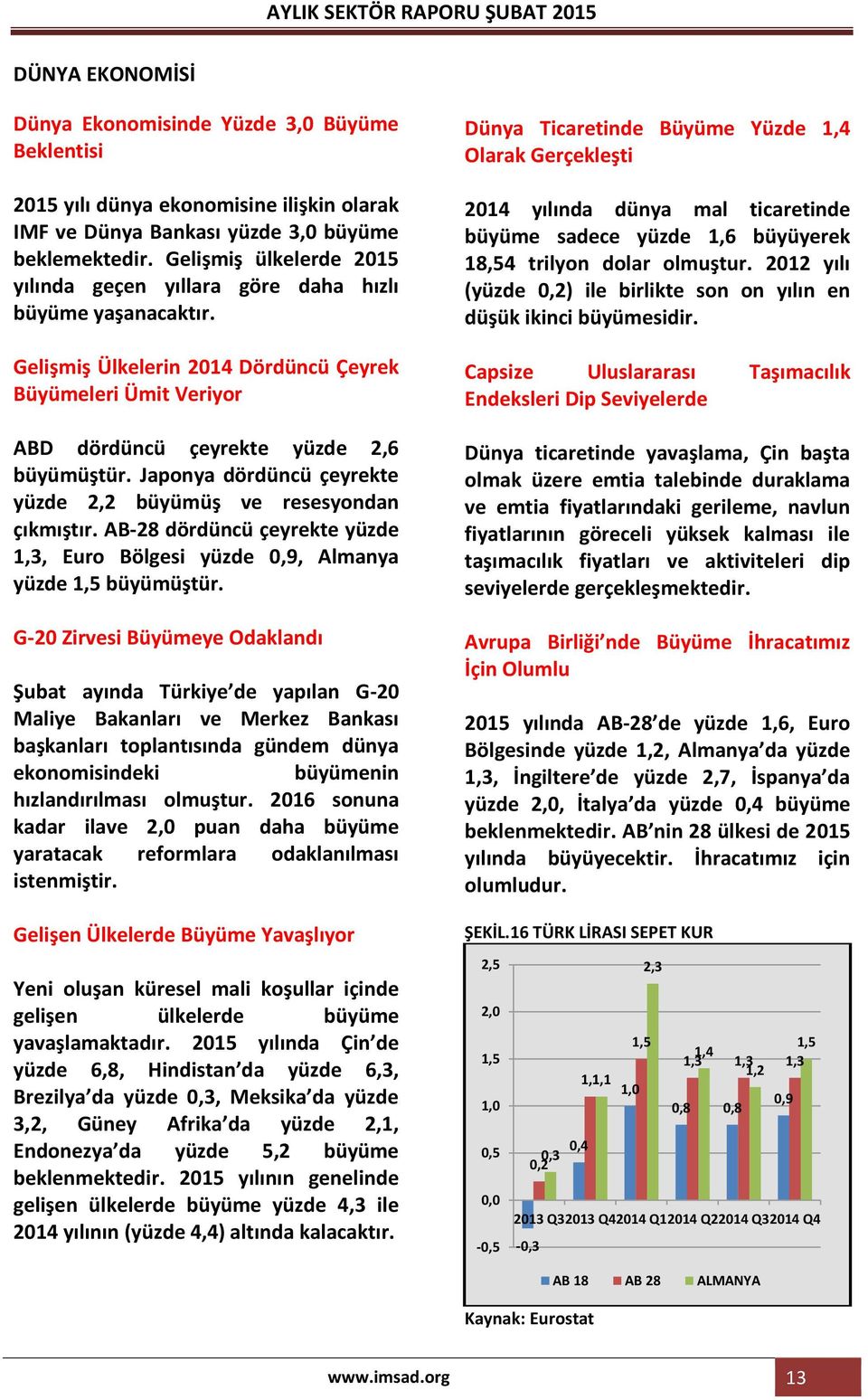 Japonya dördüncü çeyrekte yüzde 2,2 büyümüş ve resesyondan çıkmıştır. AB-28 dördüncü çeyrekte yüzde 1,3, Euro Bölgesi yüzde 0,9, Almanya yüzde 1,5 büyümüştür.