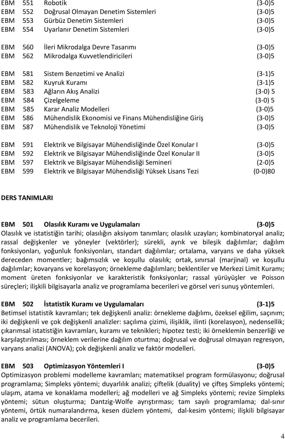 Karar Analiz Modelleri (3-0)5 EBM 586 Mühendislik Ekonomisi ve Finans Mühendisliğine Giriş (3-0)5 EBM 587 Mühendislik ve Teknoloji Yönetimi (3-0)5 EBM 591 Elektrik ve Bilgisayar Mühendisliğinde Özel