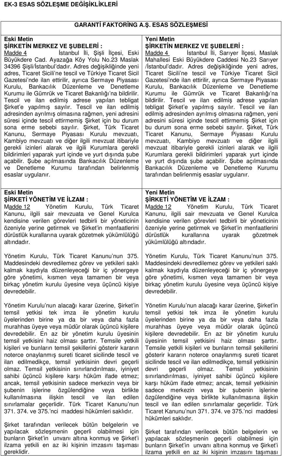 Adres değişikliğinde yeni adres, Ticaret Sicili ne tescil ve Türkiye Ticaret Sicil Gazetesi nde ilan ettirilir, ayrıca Sermaye Piyasası Kurulu, Bankacılık Düzenleme ve Denetleme Kurumu ile Gümrük ve