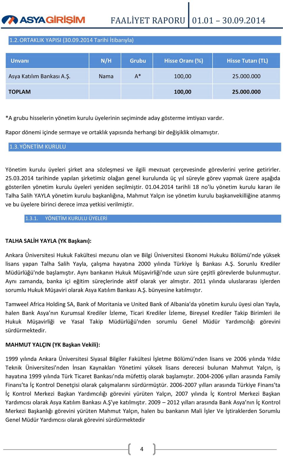 Rapor dönemi içinde sermaye ve ortaklık yapısında herhangi bir değişiklik olmamıştır. 1.3.