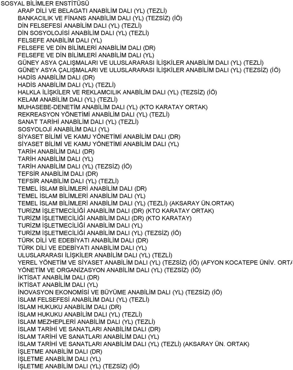 (TEZLİ) GÜNEY ASYA ÇALIŞMALARI VE ULUSLARARASI İLİŞKİLER ANABİLİM DALI (YL) (TEZSİZ) (İÖ) HADİS ANABİLİM DALI (DR) HADİS ANABİLİM DALI (YL) (TEZLİ) HALKLA İLİŞKİLER VE REKLAMCILIK ANABİLİM DALI (YL)