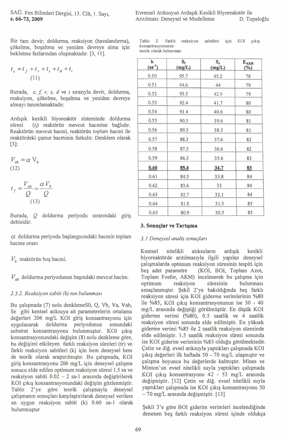 tc = t1 +t, +fs +fd +ti (l l) Buraa, c, f, r, s, d v i sırasıyla dvir, dldurma, raksıyn, çöklm, bşaltma v ynidn dvry almayı tanımlamaktadır.