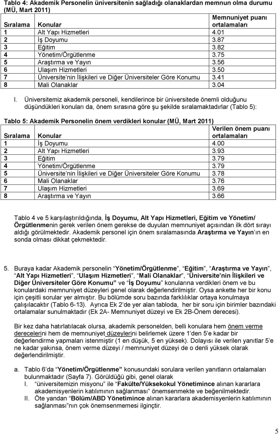 Üniversitemiz akademik personeli, kendilerince bir üniversitede önemli olduğunu düşündükleri konuları da, önem sırasına göre şu şekilde sıralamaktadırlar (Tablo 5): Tablo 5: Akademik Personelin önem