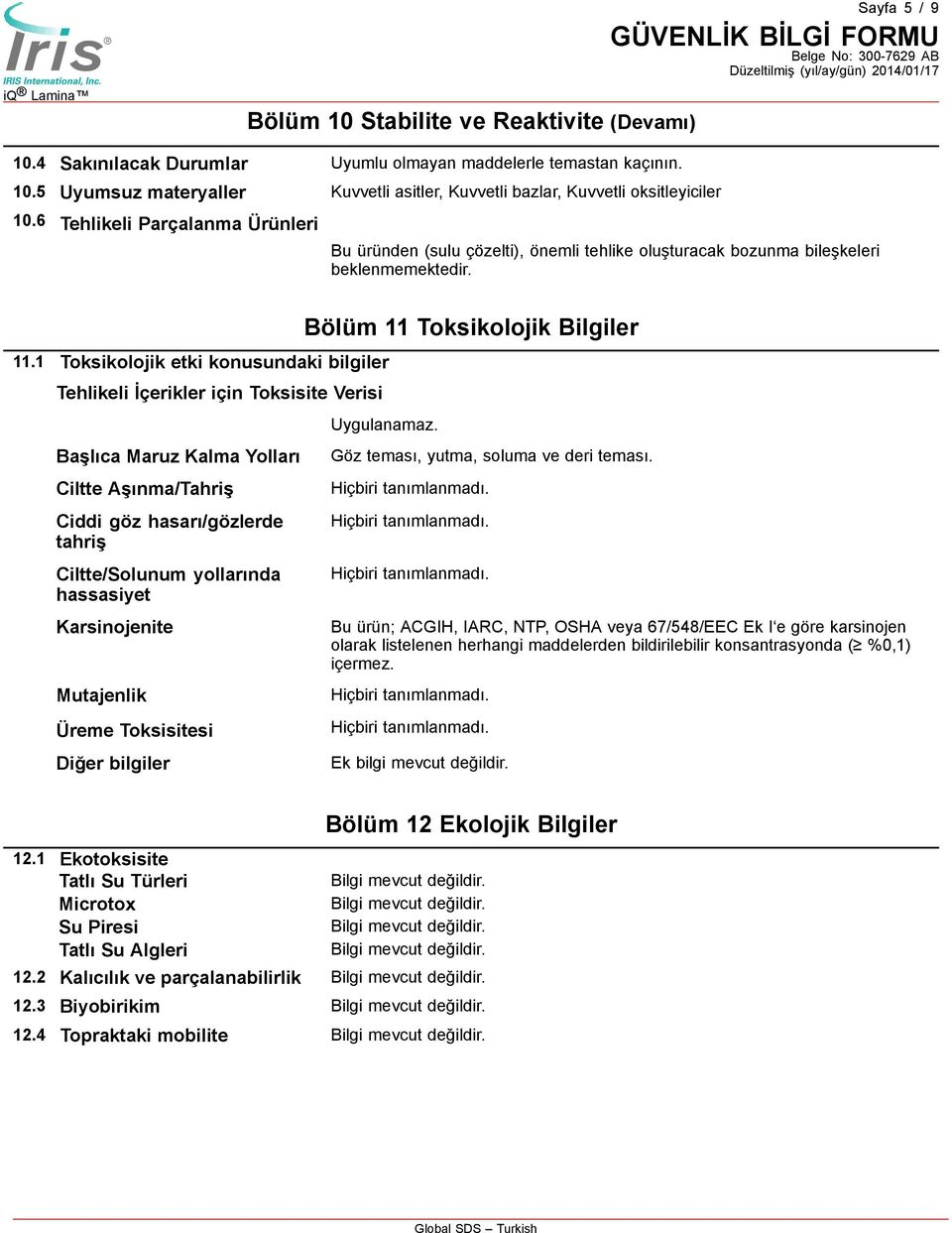 1 Toksikolojik etki konusundaki bilgiler Tehlikeli İçerikler için Toksisite Verisi Başlıca Maruz Kalma Yolları Ciltte Aşınma/Tahriş Ciddi göz hasarı/gözlerde tahriş Ciltte/Solunum yollarında