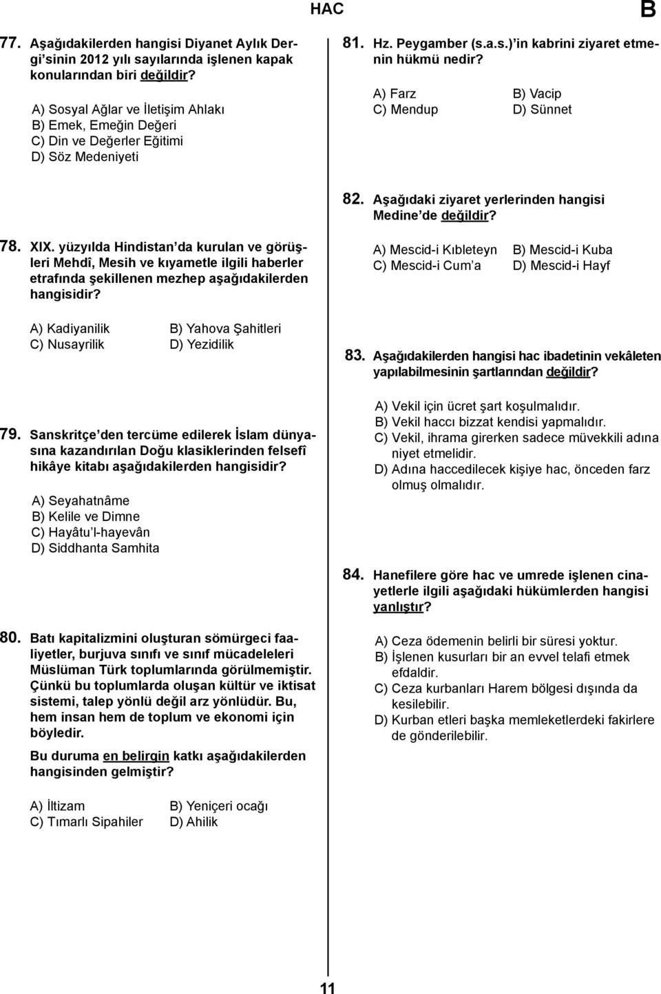 A) Farz B) Vacip C) Mendup D) Sünnet 82. Aşağıdaki ziyaret yerlerinden hangisi Medine de değildir? 78. XIX.