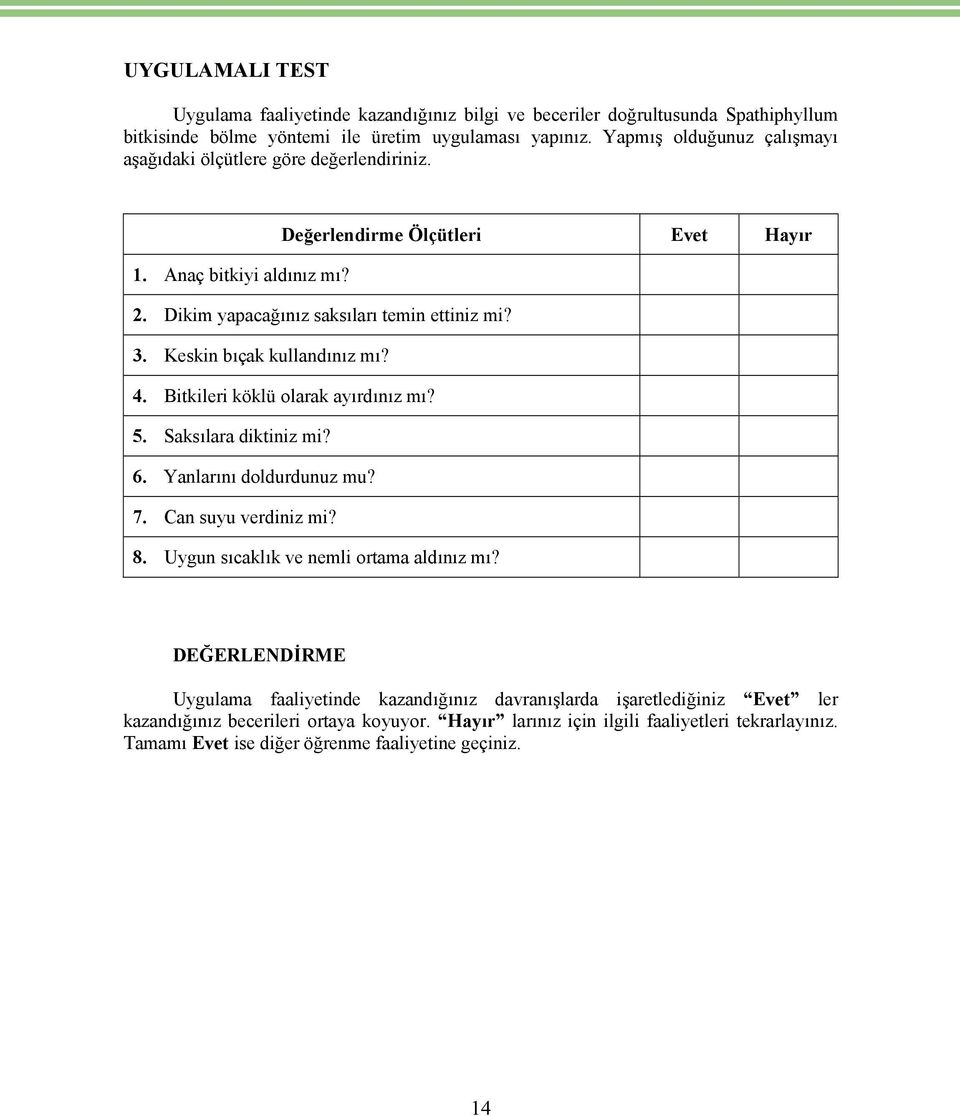 Keskin bıçak kullandınız mı? 4. Bitkileri köklü olarak ayırdınız mı? 5. Saksılara diktiniz mi? 6. Yanlarını doldurdunuz mu? 7. Can suyu verdiniz mi? 8.