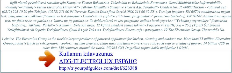 35 80080 Taksim - <stanbul Tel: (0212) 293 10 20 pbx Telefaks: (0212) 251 60 94 Ücretsiz Tüketici Dan>flma Servisi 0800 211 60 32 ES < Test için ipuçlar> EN 60704 standard>na uygun test, cihaz