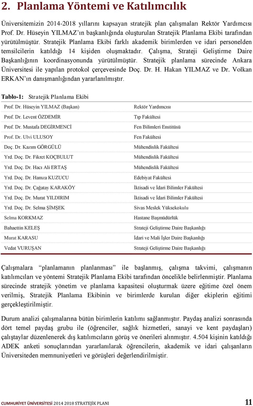 Stratejik Planlama Ekibi farklı akademik birimlerden ve idari personelden temsilcilerin katıldığı 14 kişiden oluşmaktadır.