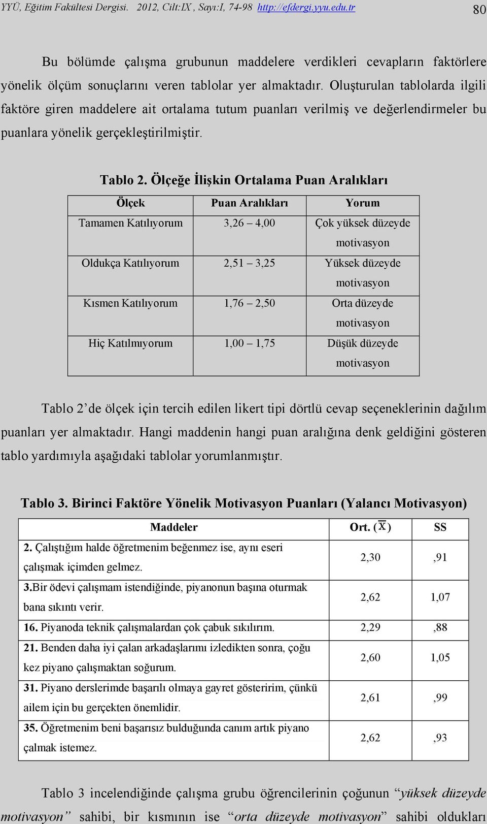 Oluşturulan tablolarda ilgili faktöre giren maddelere ait ortalama tutum puanları verilmiş ve değerlendirmeler bu puanlara yönelik gerçekleştirilmiştir. Tablo 2.