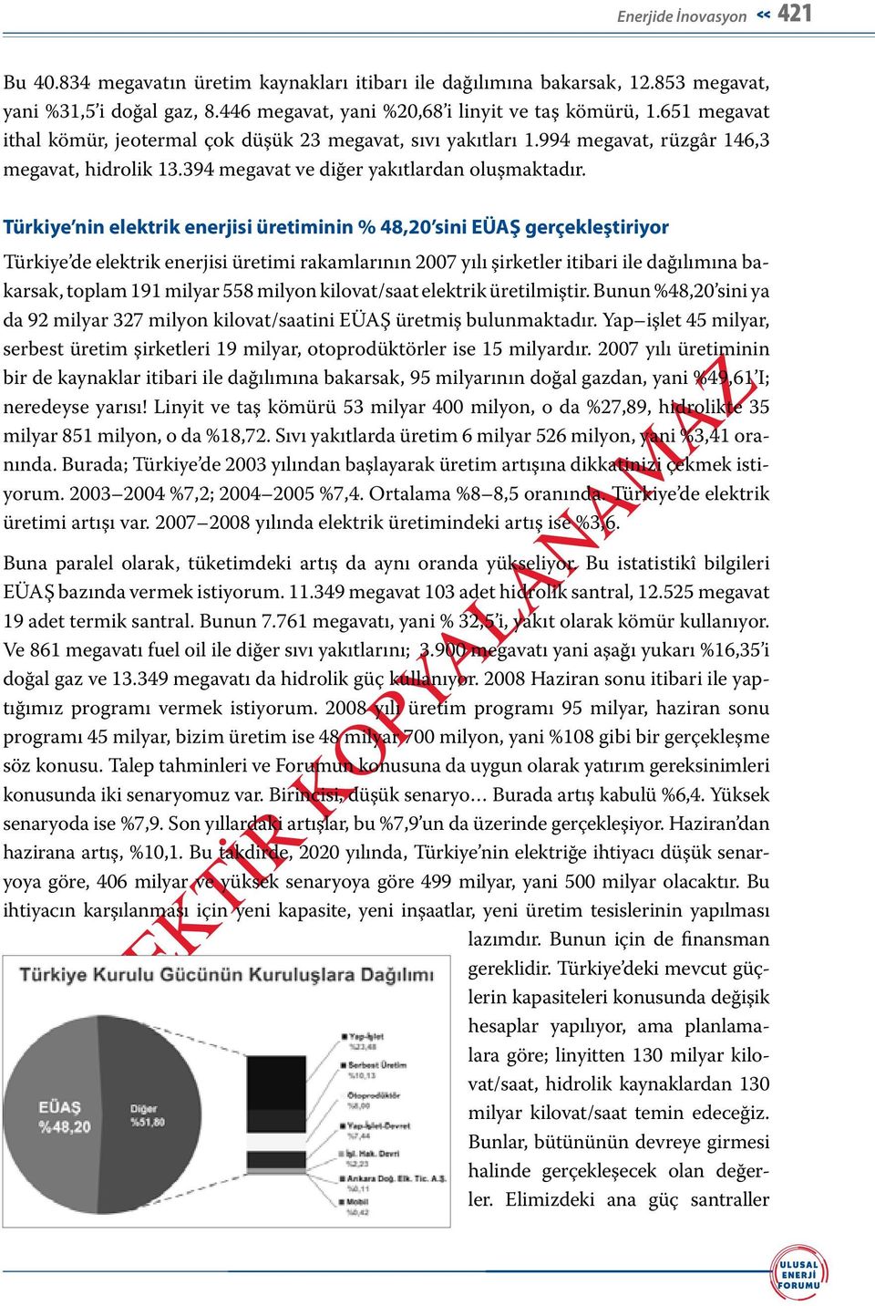 Türkiye nin elektrik enerjisi üretiminin % 48,20 sini EÜAŞ gerçekleştiriyor Türkiye de elektrik enerjisi üretimi rakamlarının 2007 yılı şirketler itibari ile dağılımına bakarsak, toplam 191 milyar