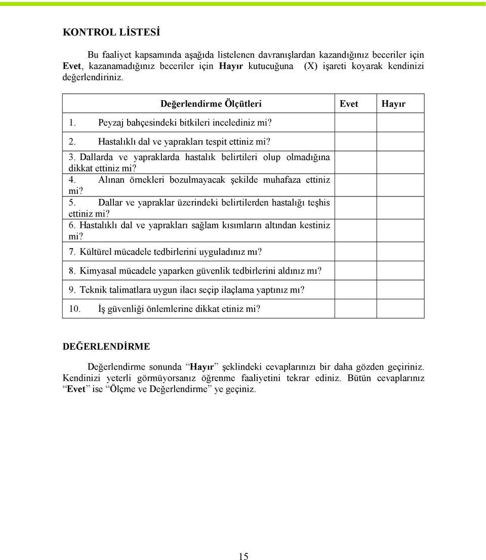 Dallarda ve yapraklarda hastalık belirtileri olup olmadığına dikkat ettiniz mi? 4. Alınan örnekleri bozulmayacak şekilde muhafaza ettiniz mi? 5.