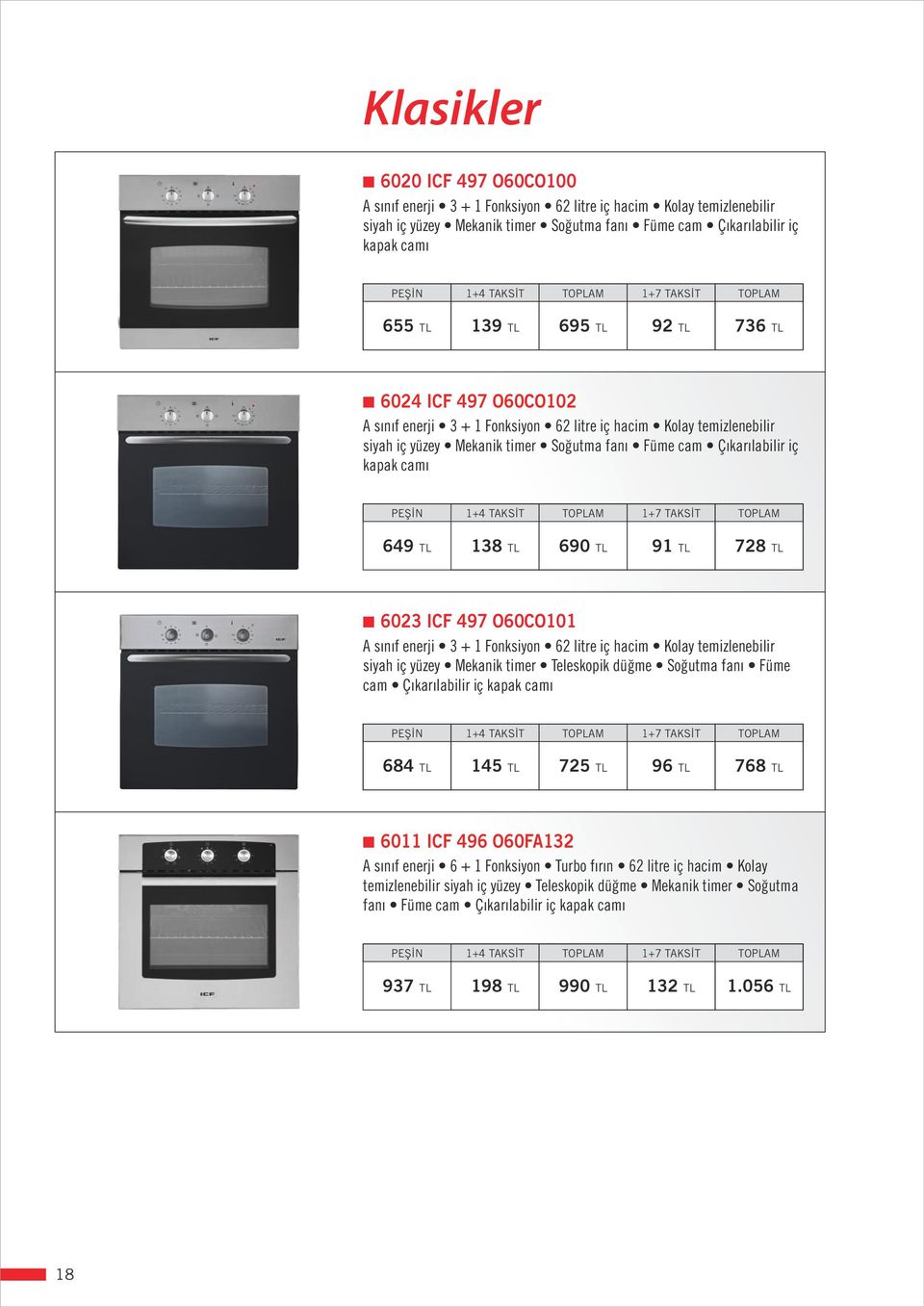TL 690 TL 91 TL 728 TL 6023 ICF 497 O60CO101 A sınıf enerji 3 + 1 Fonksiyon 62 litre iç hacim Kolay temizlenebilir siyah iç yüzey Mekanik timer Teleskopik düğme Soğutma fanı Füme cam Çıkarılabilir iç