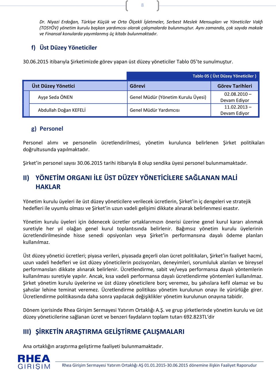 2015 itibarıyla Şirketimizde görev yapan üst düzey yöneticiler Tablo 05 te sunulmuştur.