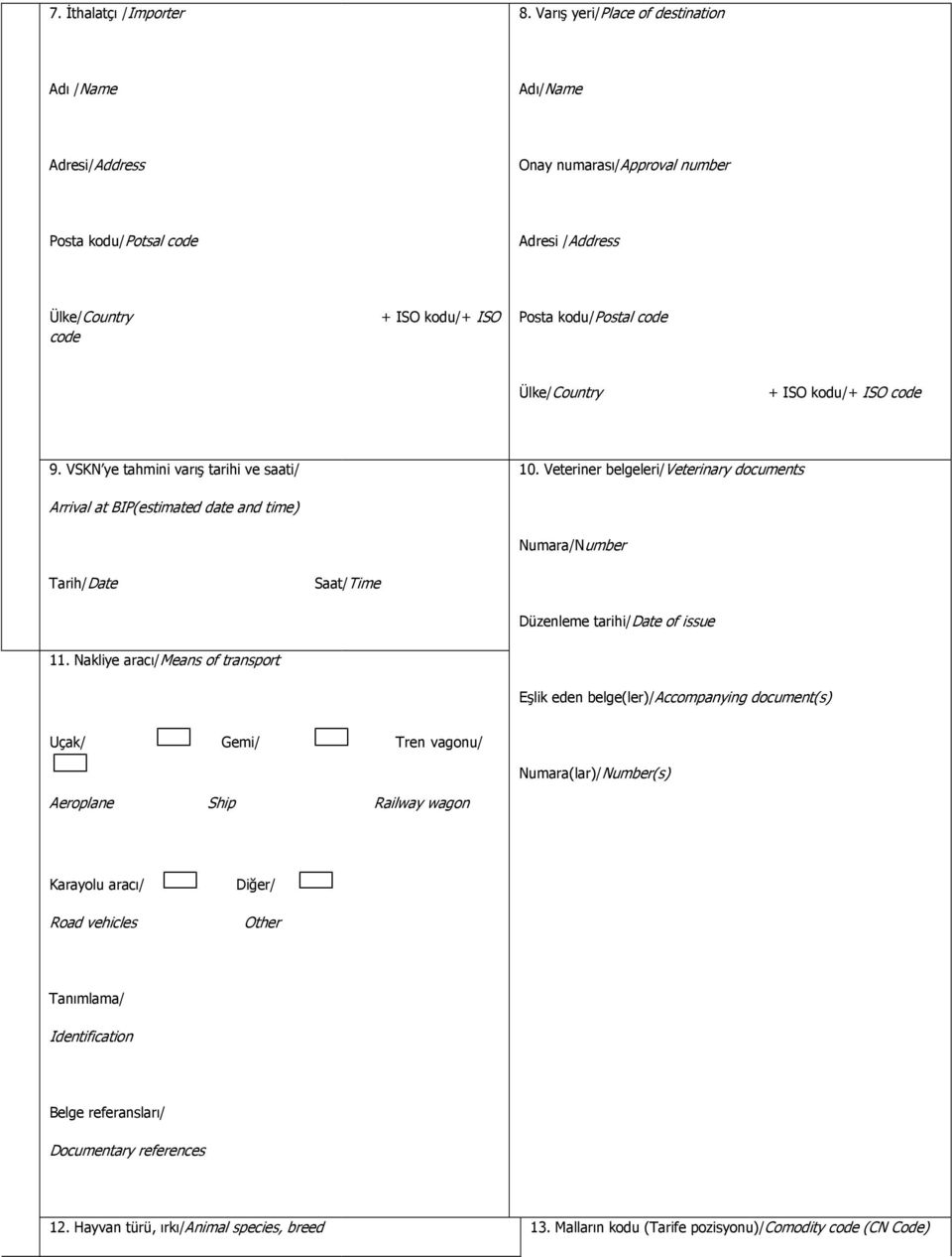 Ülke/Country + ISO kodu/+ ISO code 9. VSKN ye tahmini varış tarihi ve saati/ 10.