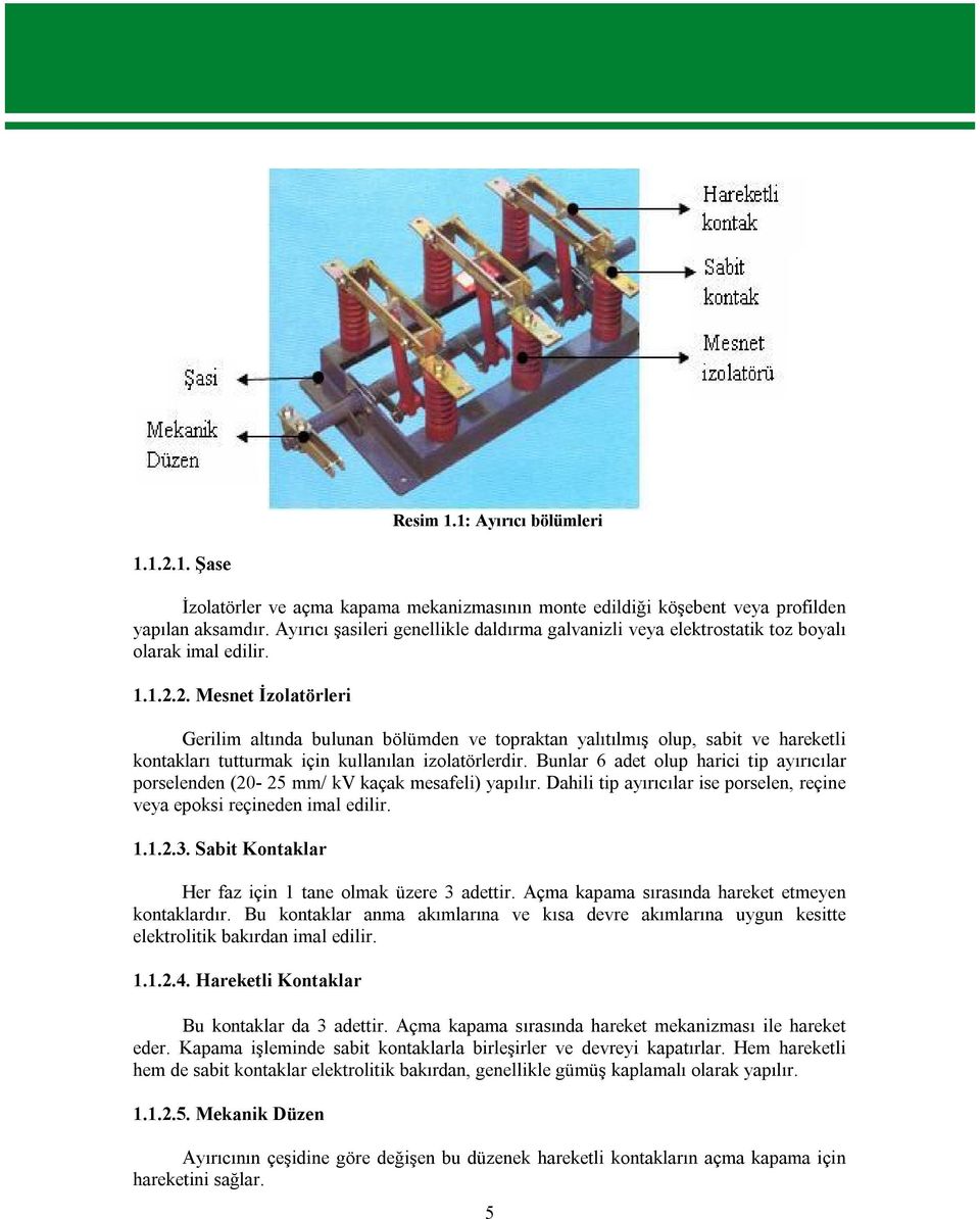 2. Mesnet İzolatörleri Gerilim altında bulunan bölümden ve topraktan yalıtılmış olup, sabit ve hareketli kontakları tutturmak için kullanılan izolatörlerdir.