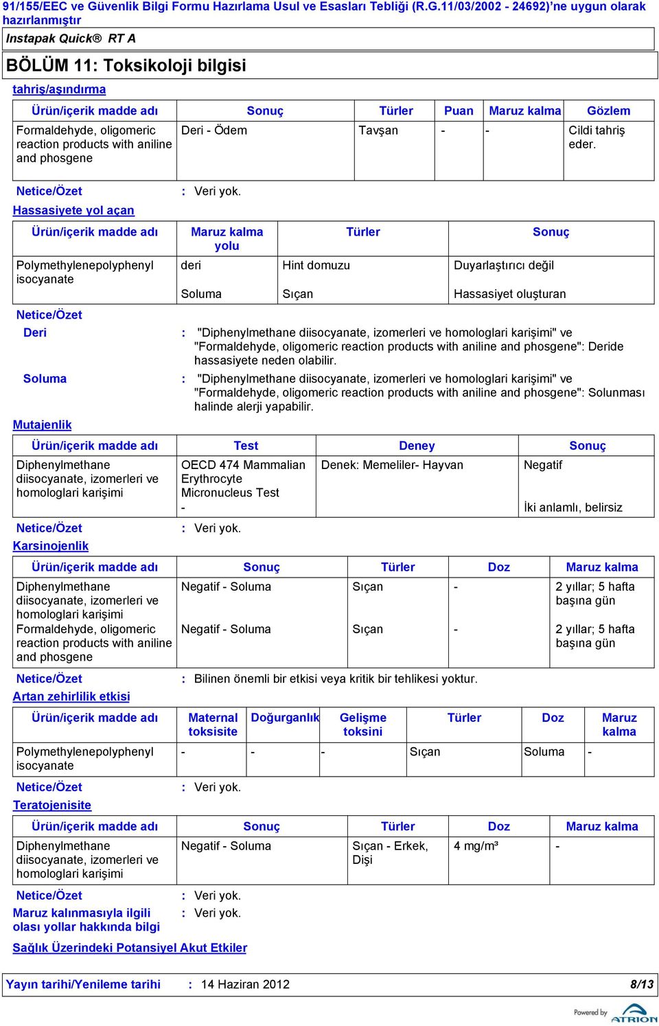 Maruz kalma diisocyanate, izomerleri ve homologlari karişimi reaction products with aniline Artan zehirlilik etkisi Ürün/içerik madde adı Polymethylenepolyphenyl isocyanate Teratojenisite