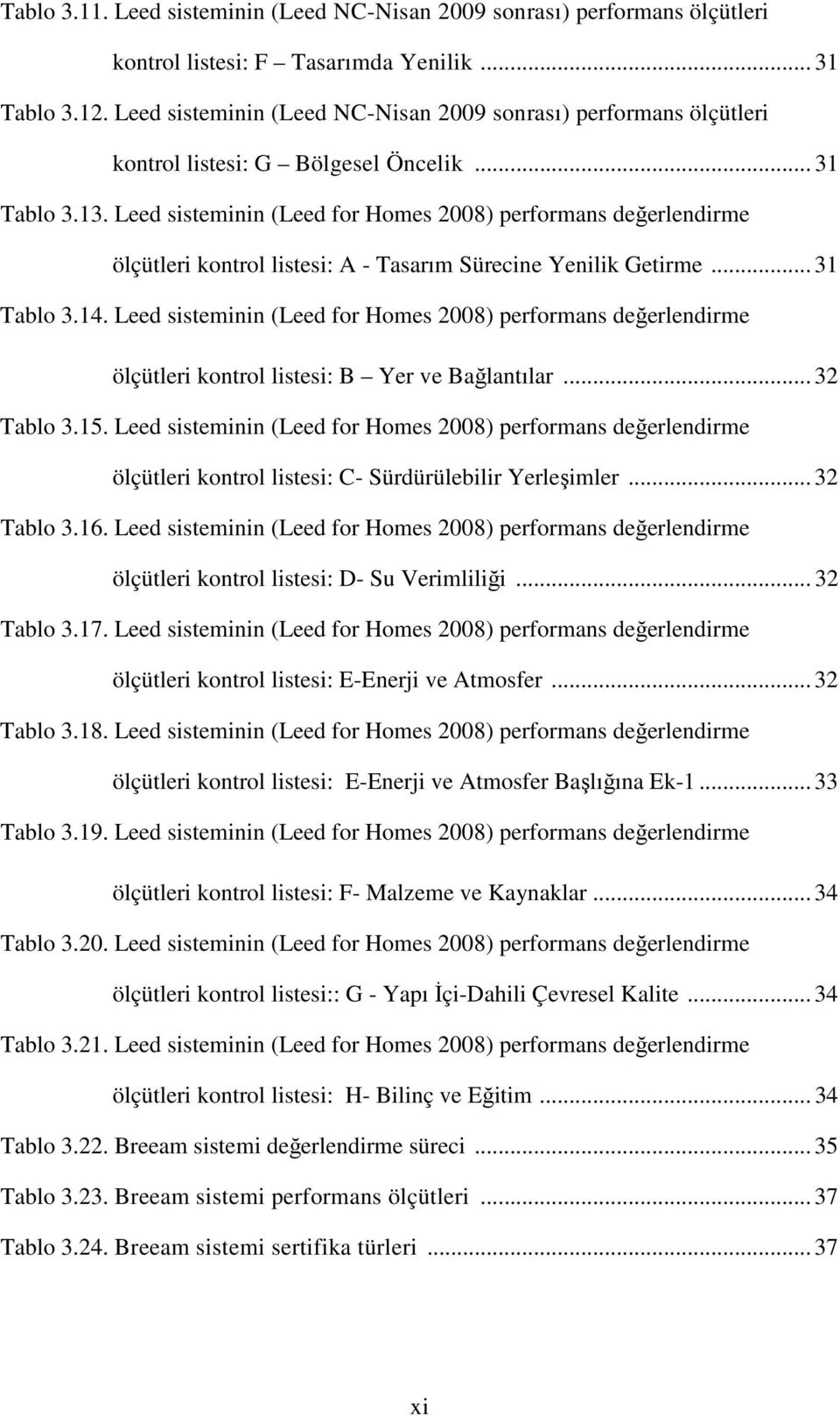 Leed sisteminin (Leed for Homes 2008) performans değerlendirme ölçütleri kontrol listesi: A - Tasarım Sürecine Yenilik Getirme... 31 Tablo 3.14.