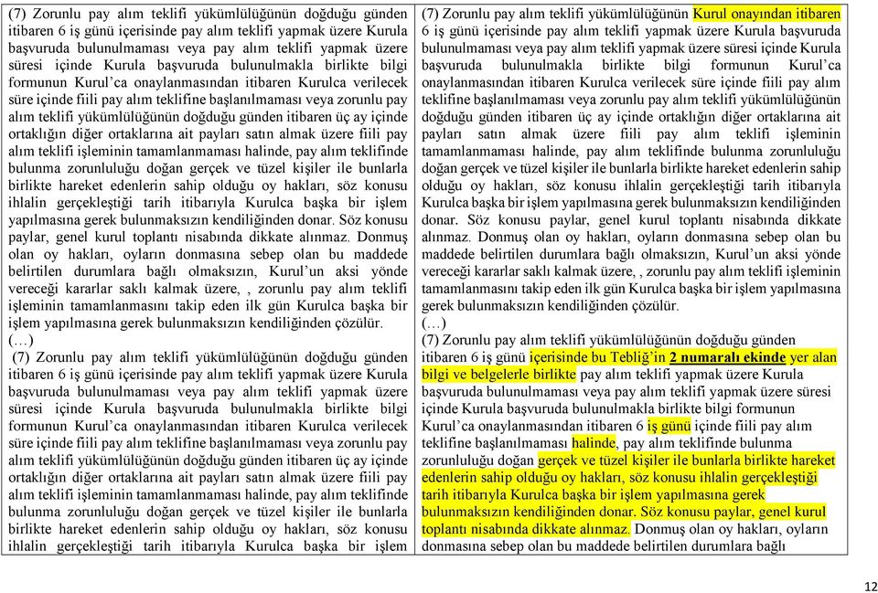 yükümlülüğünün doğduğu günden itibaren üç ay içinde ortaklığın diğer ortaklarına ait payları satın almak üzere fiili pay alım teklifi işleminin tamamlanmaması halinde, pay alım teklifinde bulunma