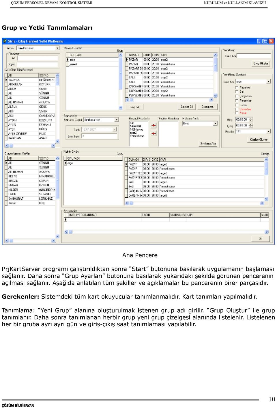 Aşağıda anlatılan tüm şekiller ve açıklamalar bu pencerenin birer parçasıdır. Gerekenler: Sistemdeki tüm kart okuyucular tanımlanmalıdır. Kart tanımları yapılmalıdır.