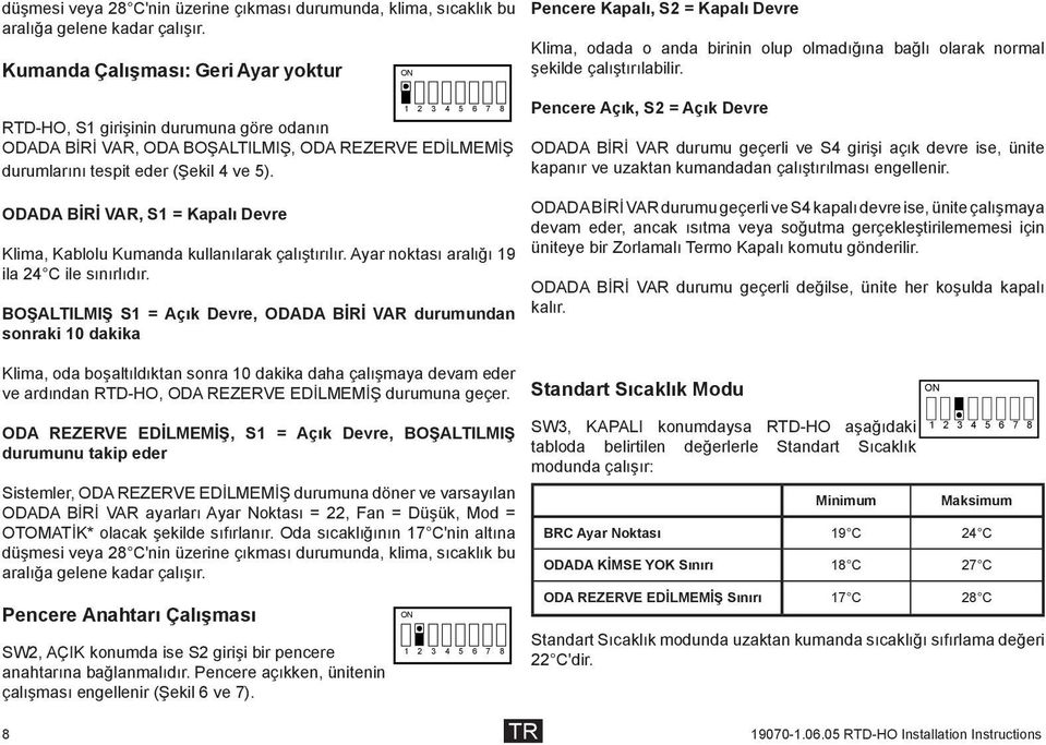 ODADA BİRİ VAR, S1 = Kapalı Devre Klima, Kablolu Kumanda kullanılarak çalıştırılır. Ayar noktası aralığı 19 ila 24 C ile sınırlıdır.