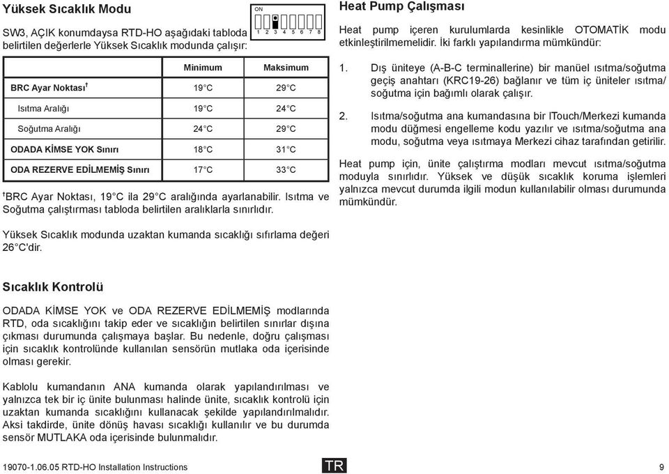 İki farklı yapılandırma mümkündür: Minimum Maksimum BRC Ayar Noktası 19 C 29 C Isıtma Aralığı 19 C 24 C Soğutma Aralığı 24 C 29 C ODADA KİMSE YOK Sınırı 18 C 31 C ODA REZERVE EDİLMEMİŞ Sınırı 17 C 33