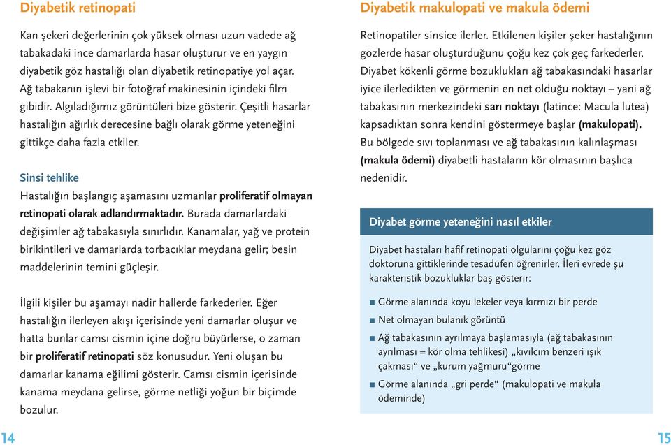 Çeşitli hasarlar hastalığın ağırlık derecesine bağlı olarak görme yeteneğini gittikçe daha fazla etkiler.