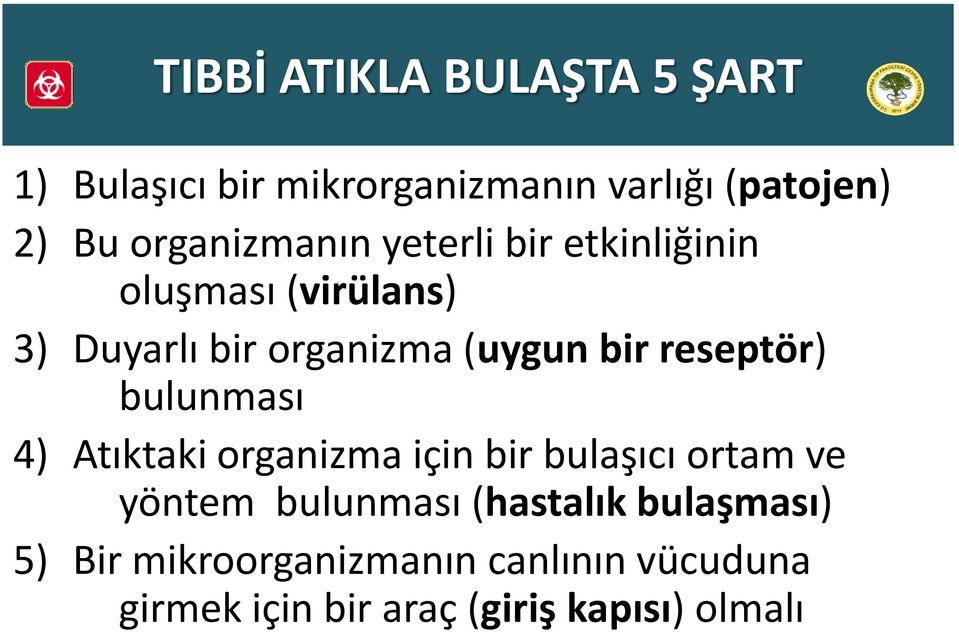 bir reseptör) bulunması 4) Atıktaki organizma için bir bulaşıcı ortam ve yöntem bulunması