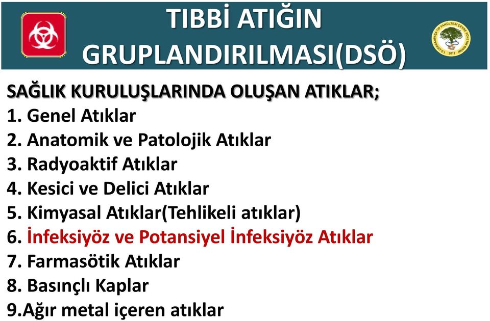 Kesici ve Delici Atıklar 5. Kimyasal Atıklar(Tehlikeli atıklar) 6.