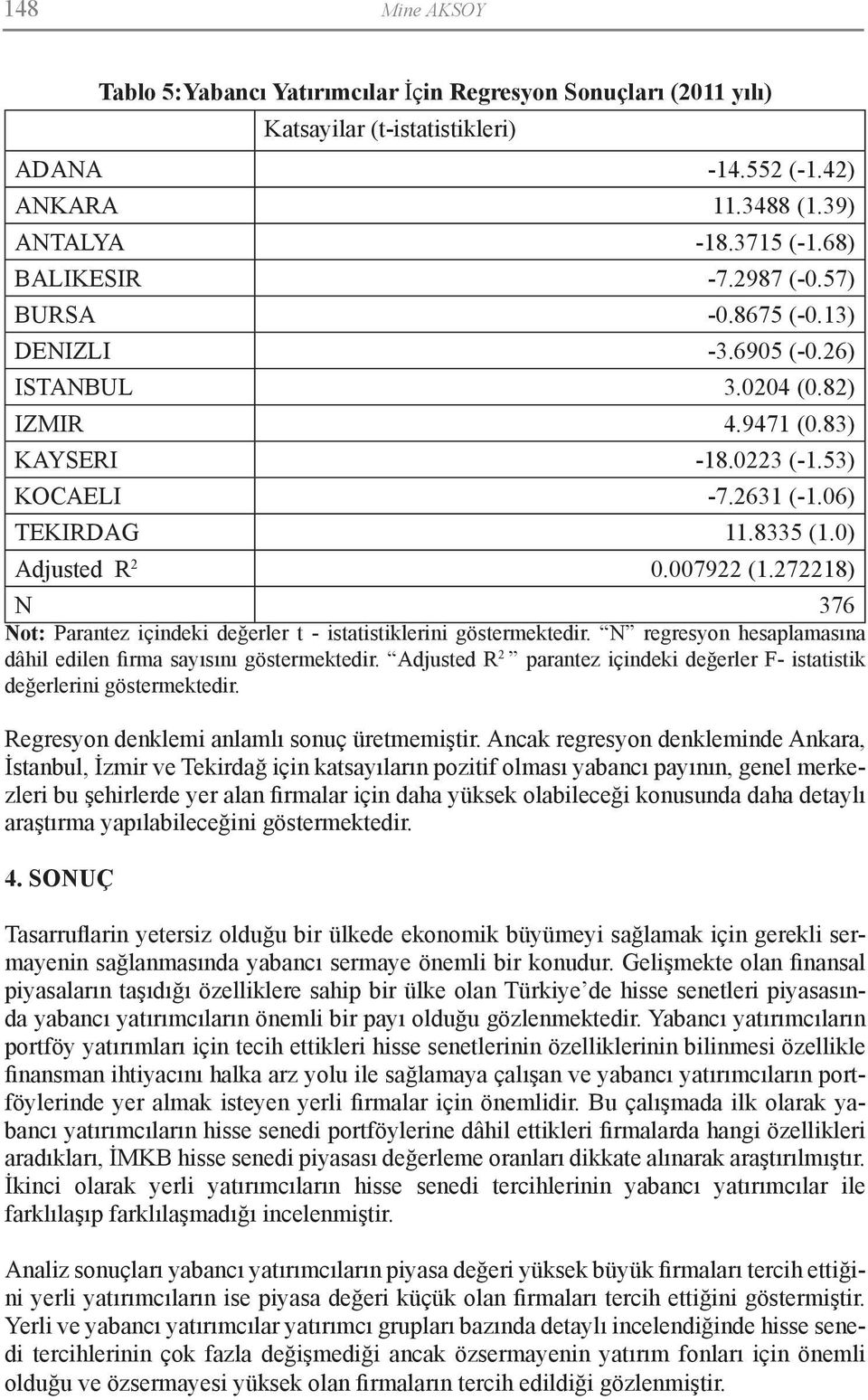 272218) N 376 Not: Parantez içindeki değerler t - istatistiklerini göstermektedir. N regresyon hesaplamasına dâhil edilen firma sayısını göstermektedir.