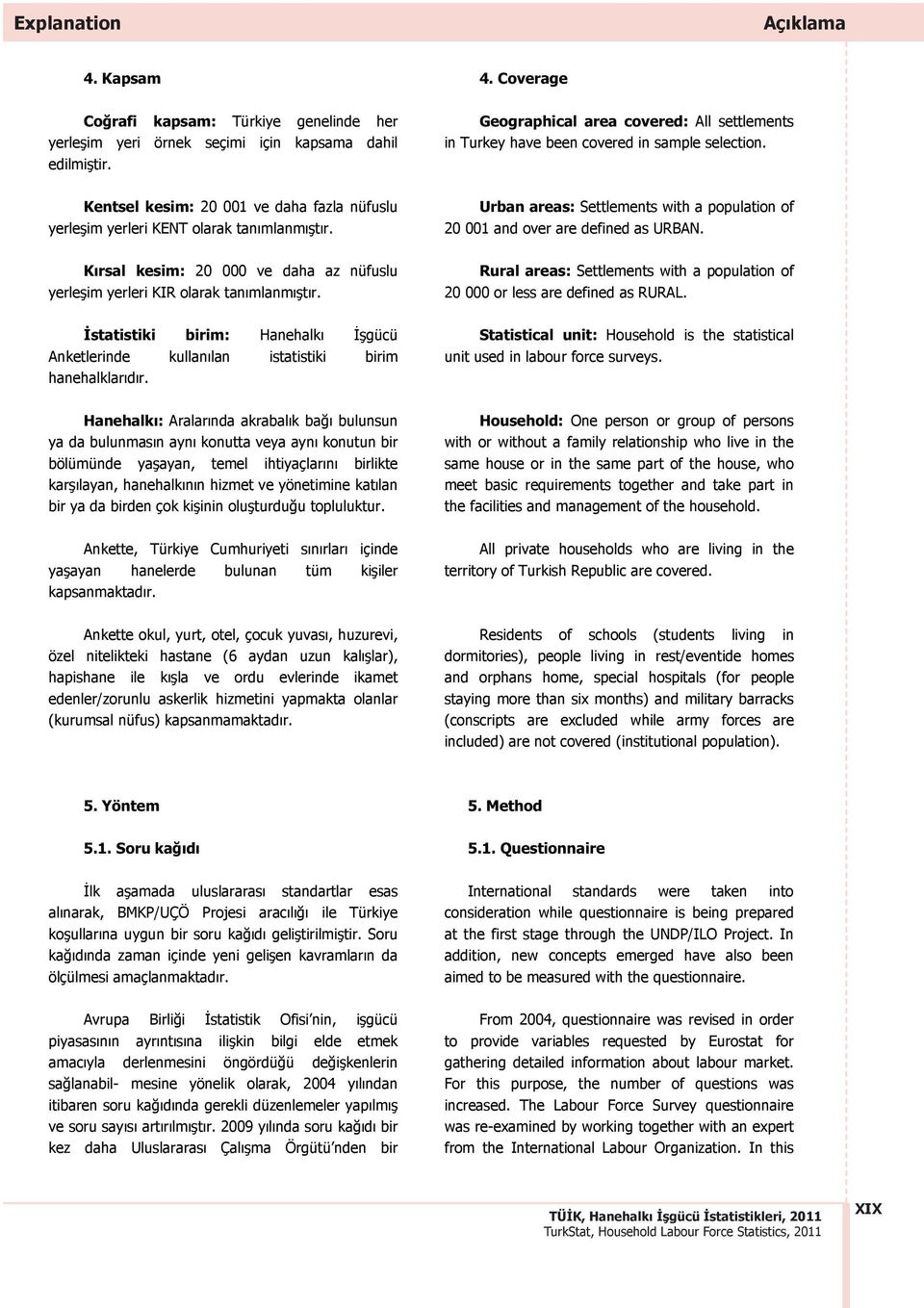 statistiki birim: Hanehalkı gücü Anketlerinde kullanılan istatistiki birim hanehalklarıdır. Urban areas: Settlements with a population of 20 001 and over are defined as URBAN.