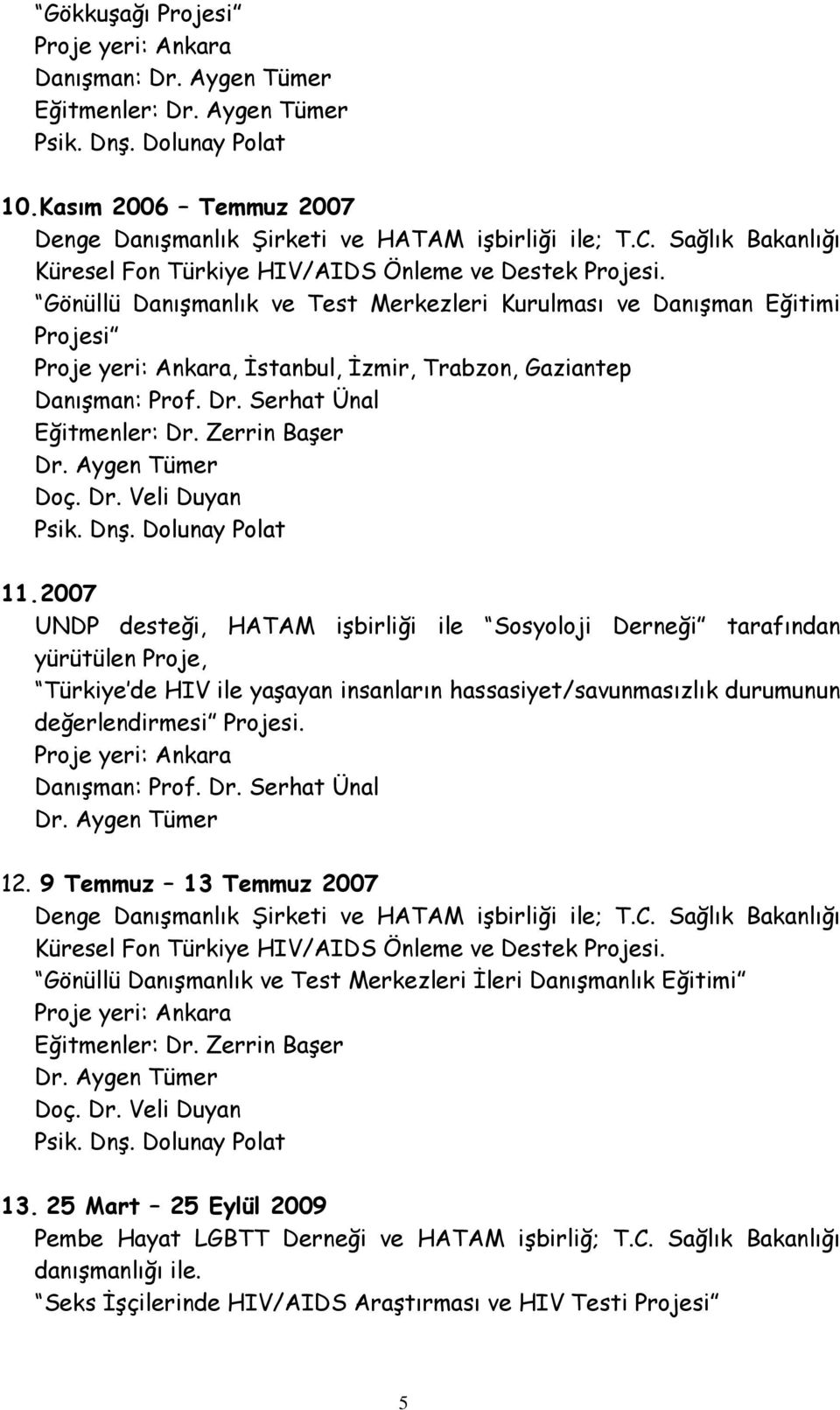 Gönüllü Danışmanlık ve Test Merkezleri Kurulması ve Danışman Eğitimi Projesi, İstanbul, İzmir, Trabzon, Gaziantep Danışman: Prof. Dr. Serhat Ünal Eğitmenler: Dr. Zerrin Başer Doç. Dr. Veli Duyan Psik.