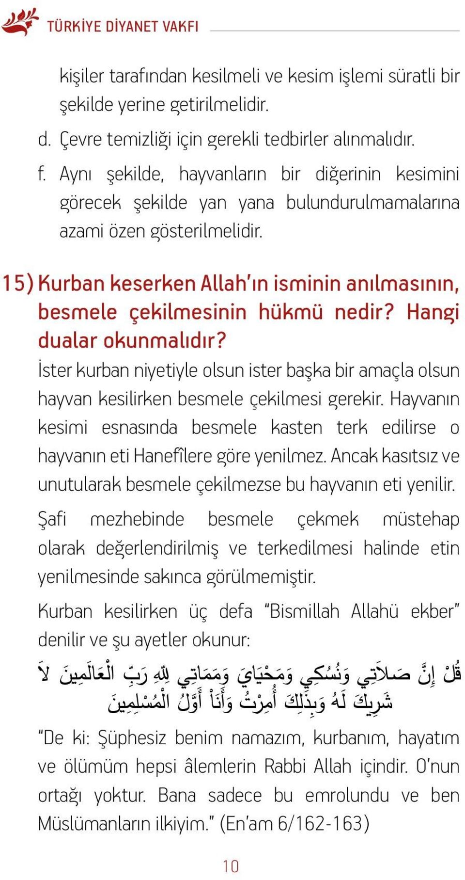 15) Kurban keserken Allah ın isminin anılmasının, besmele çekilmesinin hükmü nedir? Hangi dualar okunmalıdır?